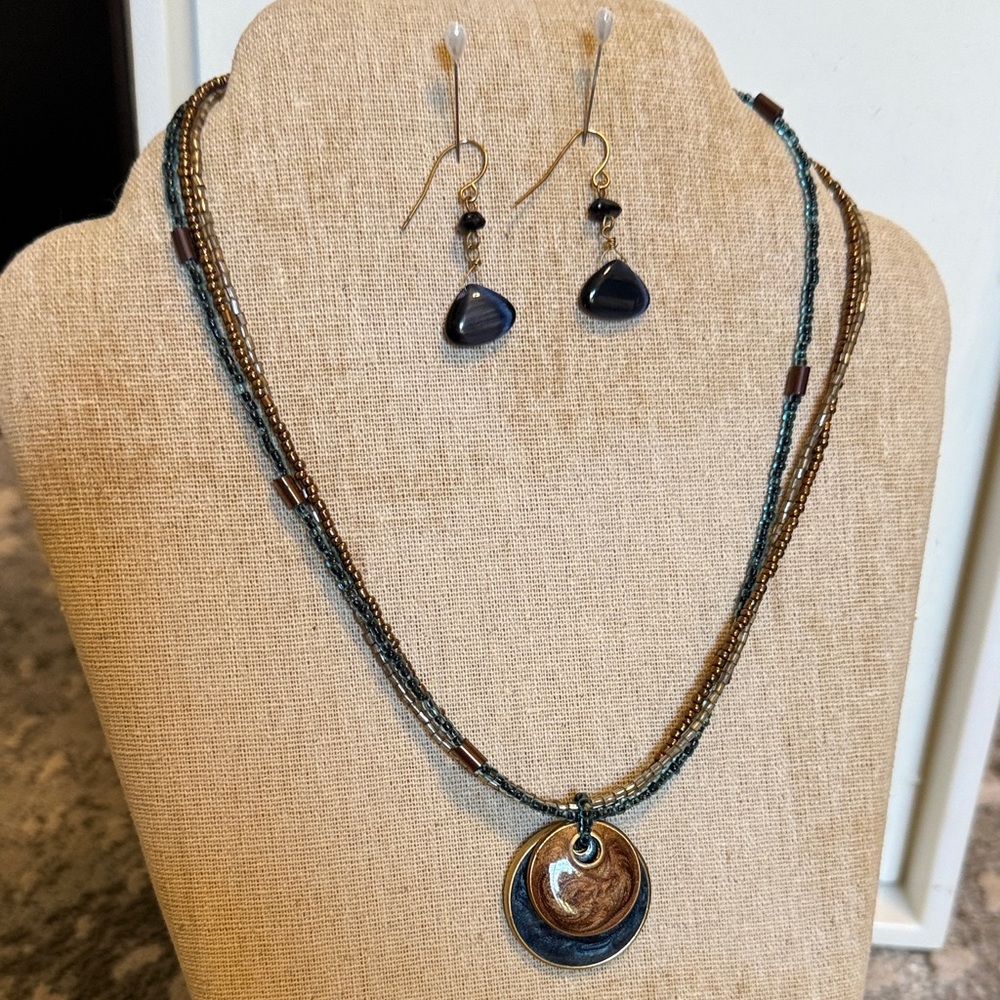 Handmade Blue and Brown Layered Pendant Necklace with Matching Earrings